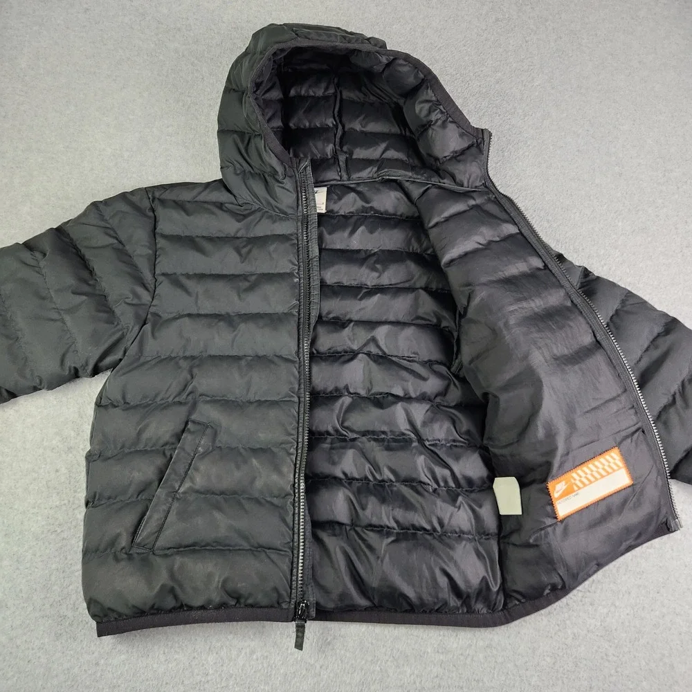 Nike Low Synthetic Fill Puffer Jacket Kids Medium Black Quilted Hooded Full Zip‎
